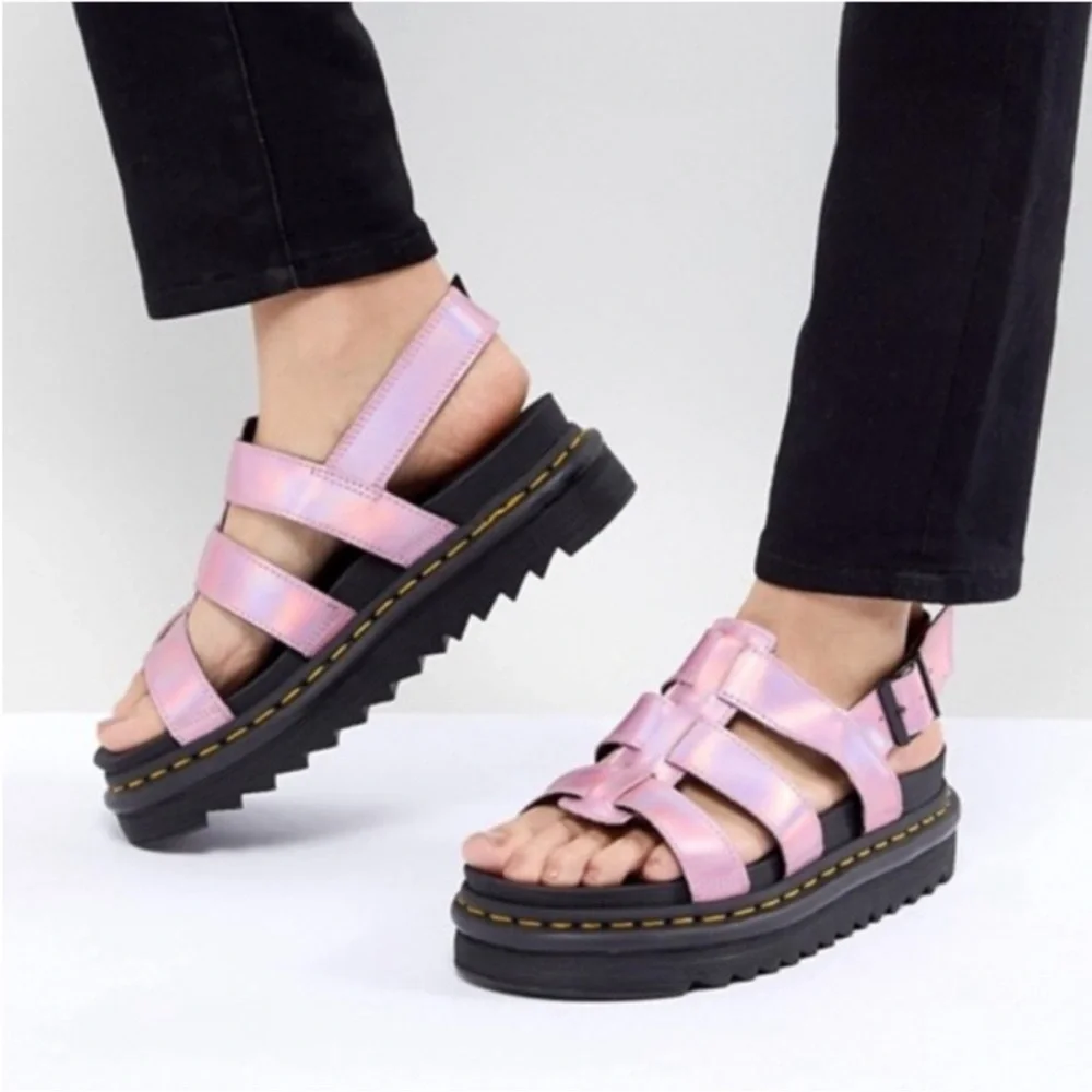 Dr Martens Sandals Yelena Fisherman Platform Reflective Metallic Pink Size 7